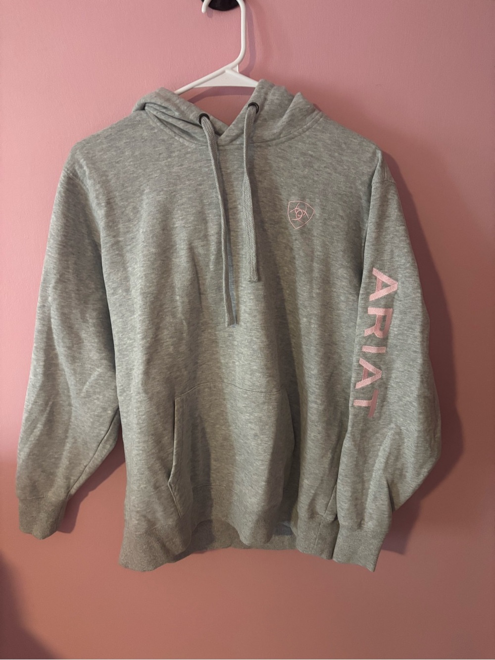 Ariat Heather Gray Hoodie with Pink Logo Sleeve